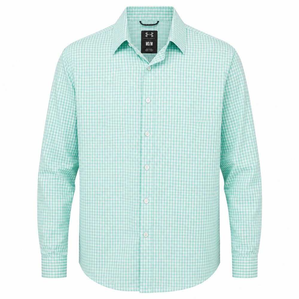 Under Armour Men's Gingham Button Down Shirt Mint Green Long Sleeve Size Medium